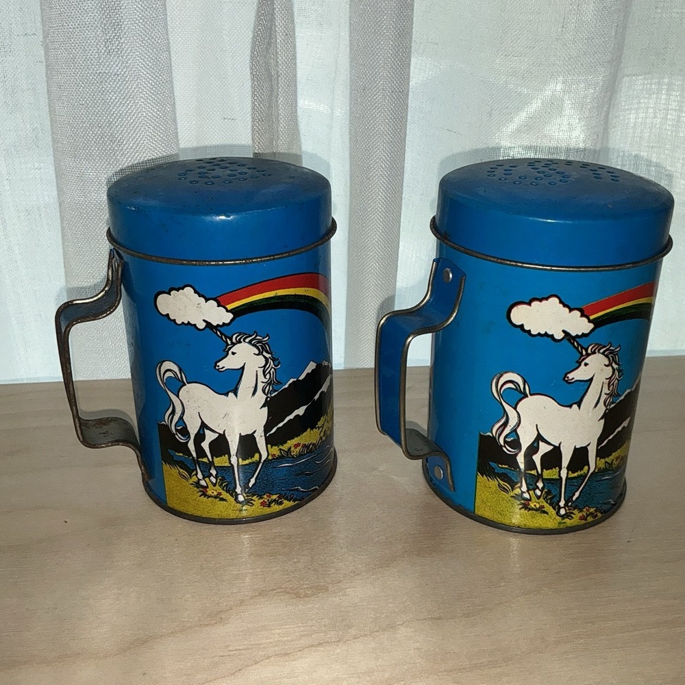 Vintage Rainbow Unicorn Metal Salt & Pepper Shakers Dopamine Decor Retro 70s 80s